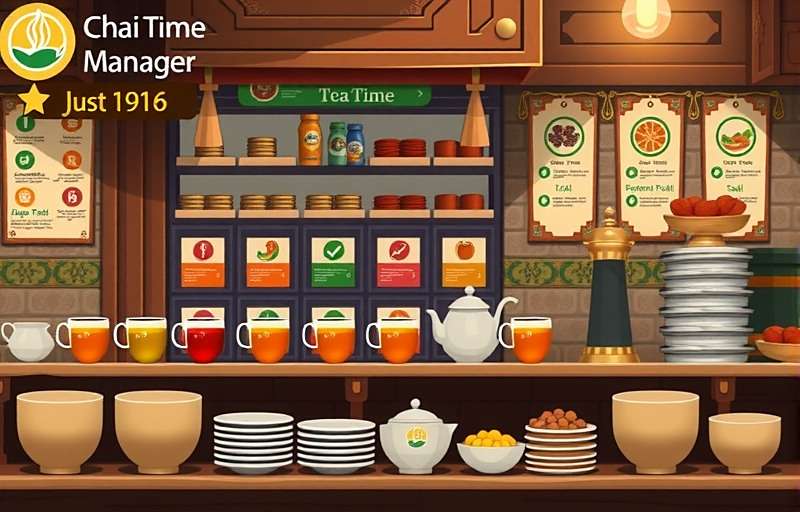 Chai Time Manager Gameplay Chai Time Manager gameplay showing a busy tea stall with various tea types and snacks